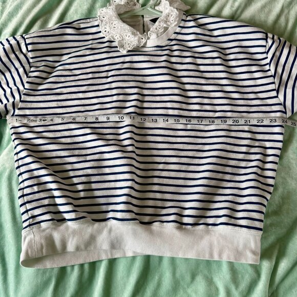 J Crew white striped sweater w/eyelet lace collar & sleeves, women's size large - Picture 4 of 7